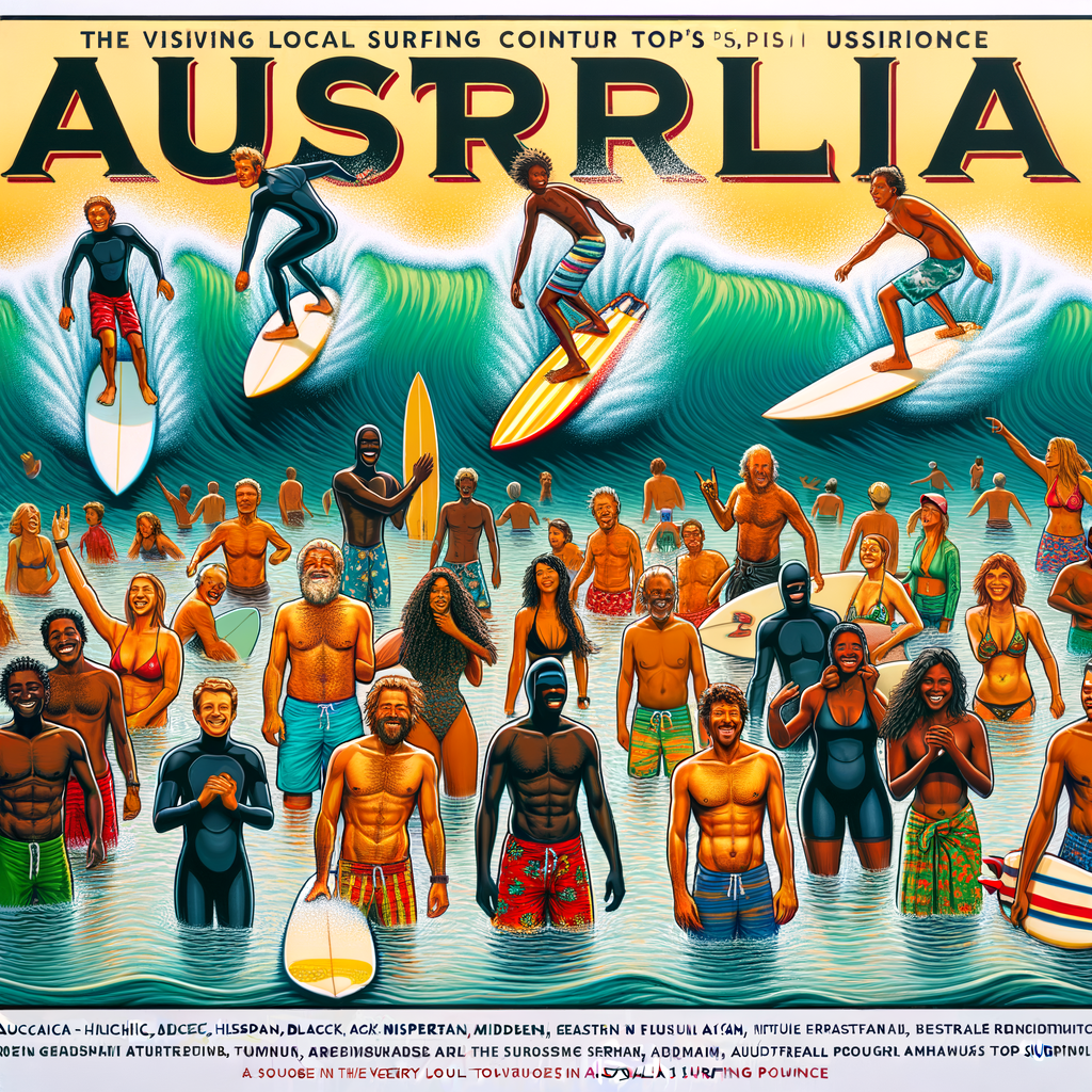 Diverse group of surfers riding a rising tide at a popular Australian surf spot, embodying the growing popularity and culture of surfing in Australia, with a bustling mix of locals and tourists at iconic Australian surf beaches.