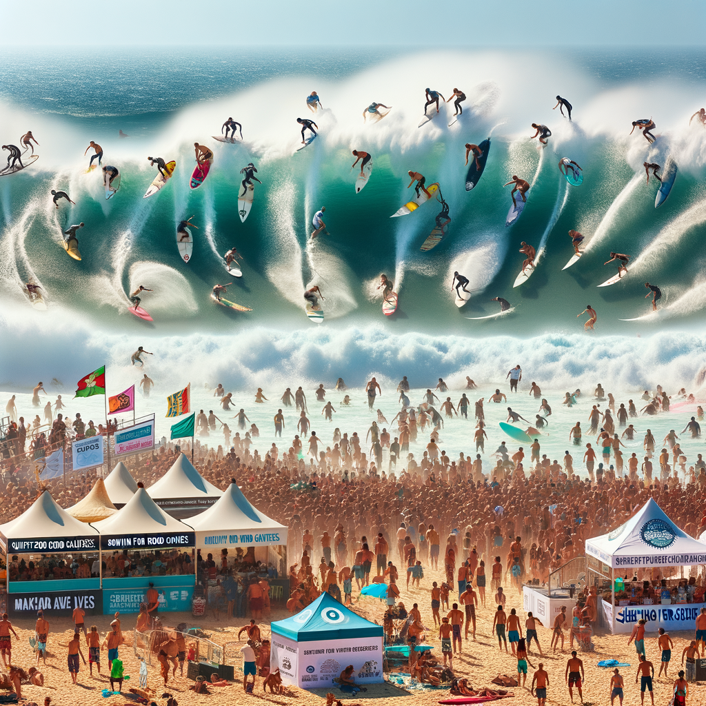 Charity surfing events at 'Surfing for Good Causes' and 'Making Waves for Charity', showcasing diverse surfers, enthusiastic spectators, surfing fundraisers stalls, and promoting philanthropic surfing and charity water sports.