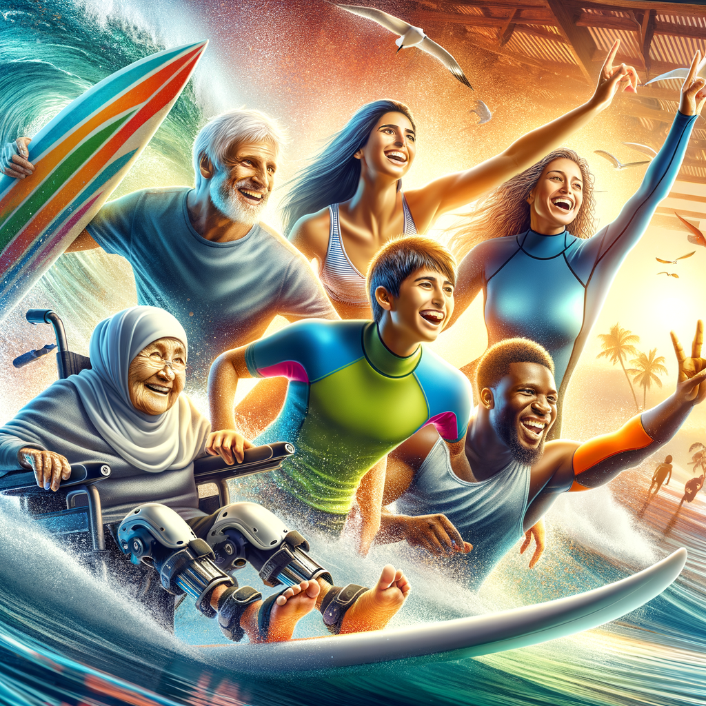 Diverse group of individuals of all ages, races, and abilities joyfully surfing, promoting Surfing Diversity and Inclusive Surfing, embodying the spirit of 'Surfing for All' and Encouraging Diversity in Surfing.