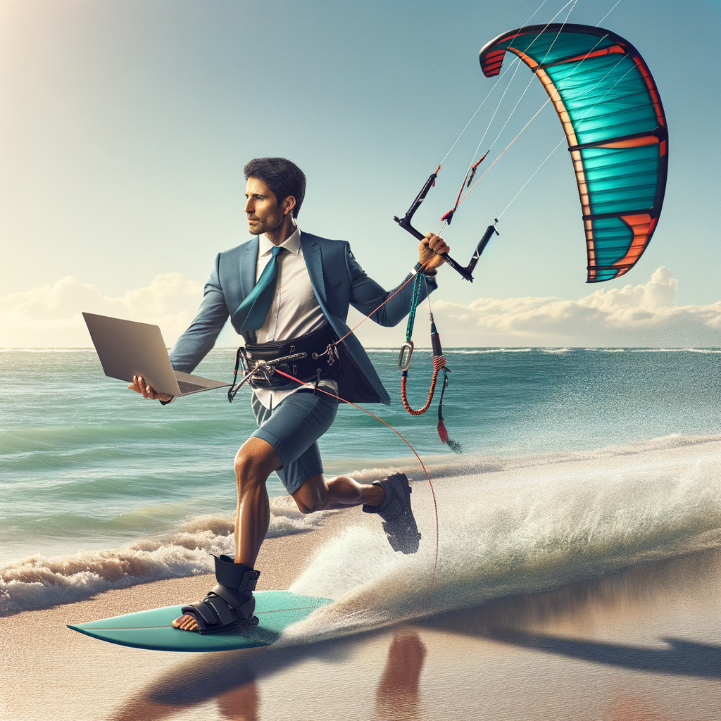 Professional kite surfer demonstrating advanced techniques while balancing work laptop and kite surfing equipment on a sunny beach, epitomizing effective time management in sports and balancing passion with responsibilities.