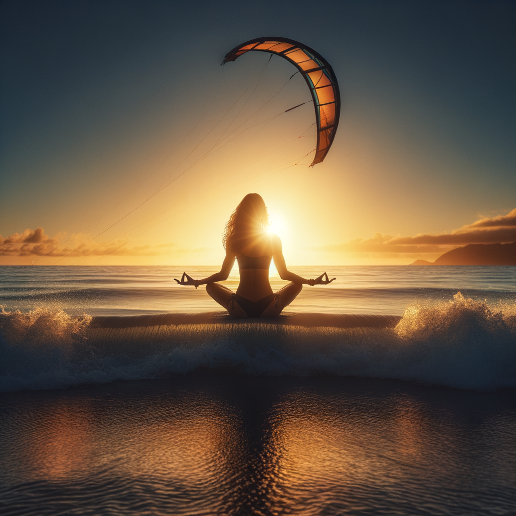 Kite surfer practicing mindfulness techniques while gliding over ocean waves at sunset, illustrating the benefits of finding Zen in surfing and mindful water sports.