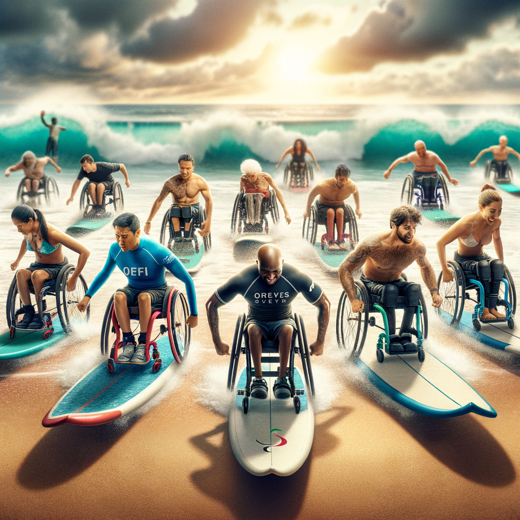 Disabled athletes breaking barriers in sports through adaptive surfing at a competition, using adaptive surfing equipment, embodying the spirit of Paralympic surfing and the therapeutic benefits of surf therapy for disabled.
