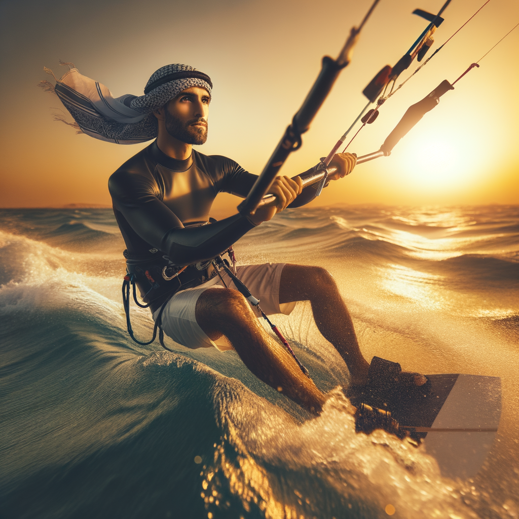 Kite surfer demonstrating mental resilience and stress relief, showcasing the psychological benefits and positive impact of kite surfing on mental well-being during a radiant sunset.
