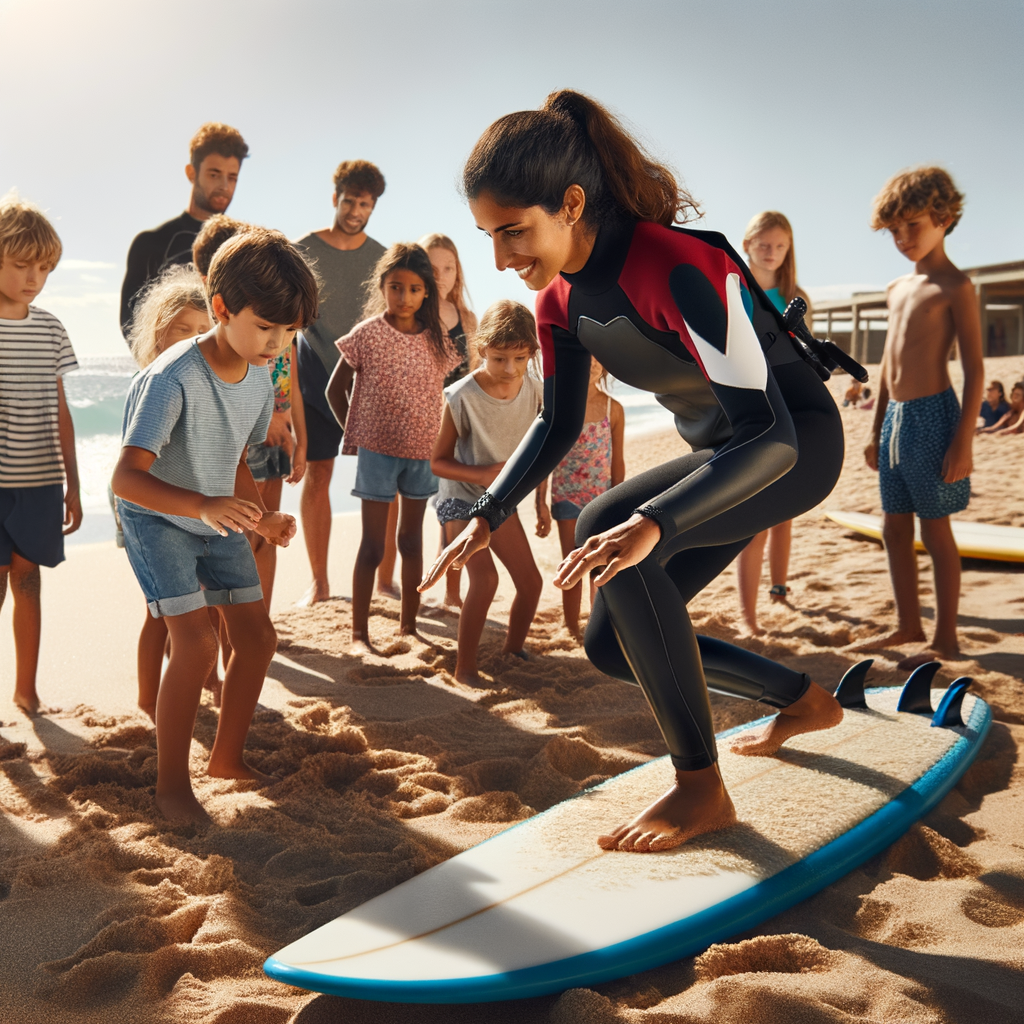 Youth surfing lessons at a camp, showcasing surfing skill development and confidence building activities for beginners, emphasizing on surfing safety for kids in teen surfing programs and competitions.