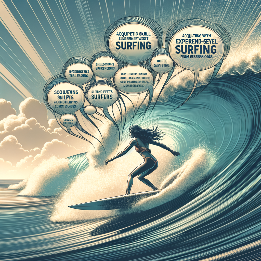 Professional surfer demonstrating advanced surfing techniques on a massive wave, providing expert surfing tips and advice in text bubbles for those learning surfing from pros, embodying key surfing lessons from professionals.