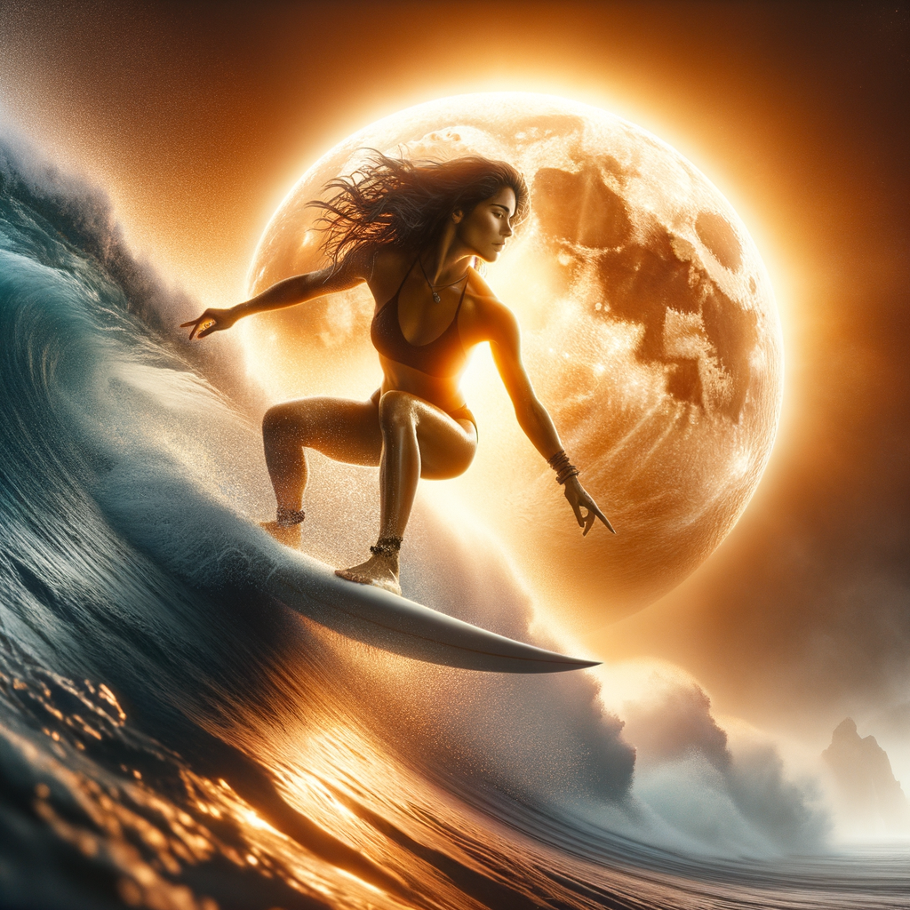 Professional surfer passionately riding a massive wave under a radiant sun, embodying the surfing lifestyle and living the surf dream, reflecting the unique surfing life experiences and benefits of embracing the surfing culture.