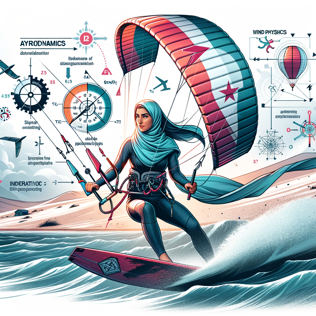 Dynamic illustration of kite surfing physics principles including aerodynamics, wind physics, and gravity, explaining the physics behind kite surfing for a better understanding of this sport.