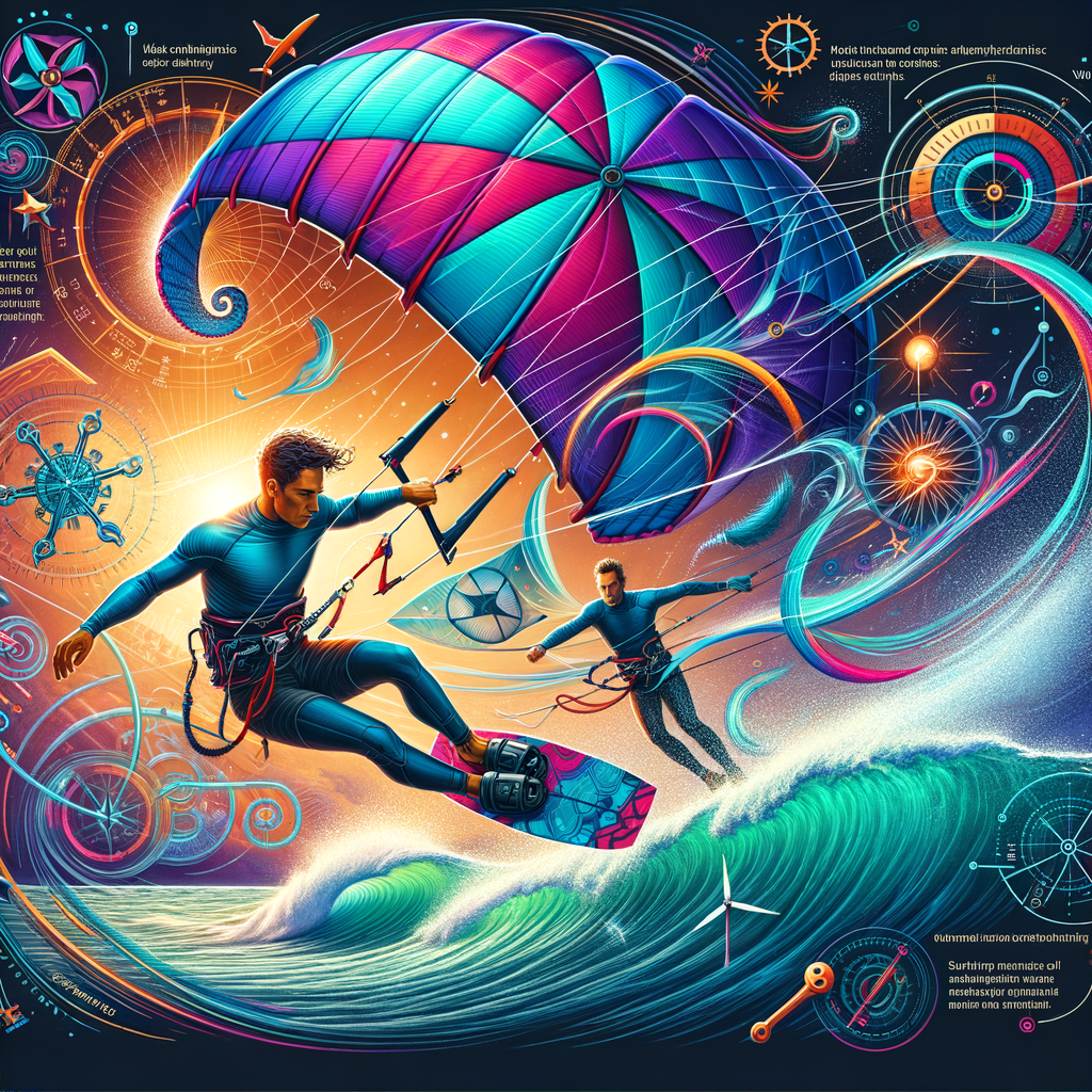 Dynamic illustration explaining kite surfing physics, showcasing aerodynamics, wind physics, kite surfing techniques, and equipment physics for a comprehensive understanding of how kite surfing works.