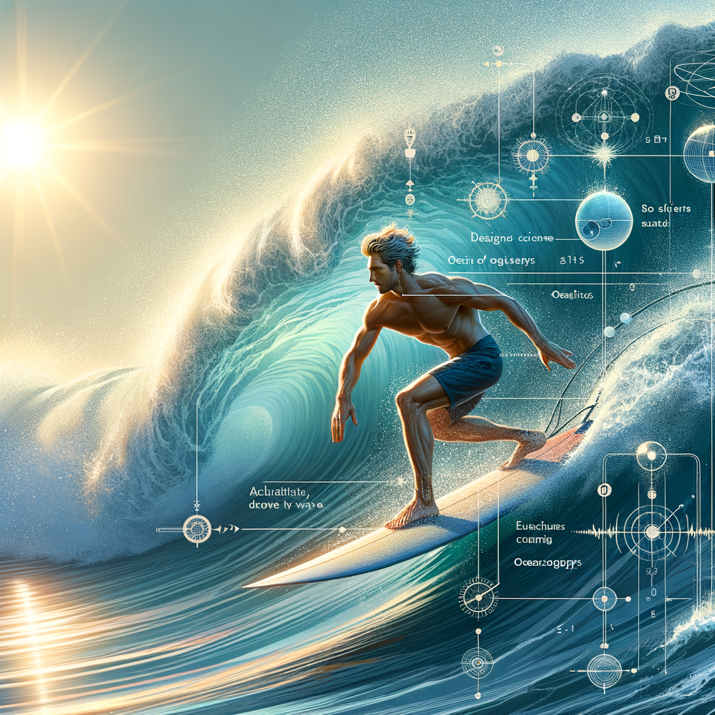 Surfing science illustration explaining surfboard physics, understanding surfing waves, oceanography and surfing wave dynamics, surfboard design science, and wave formation for surfing for a comprehensive understanding of the physics of surfing.