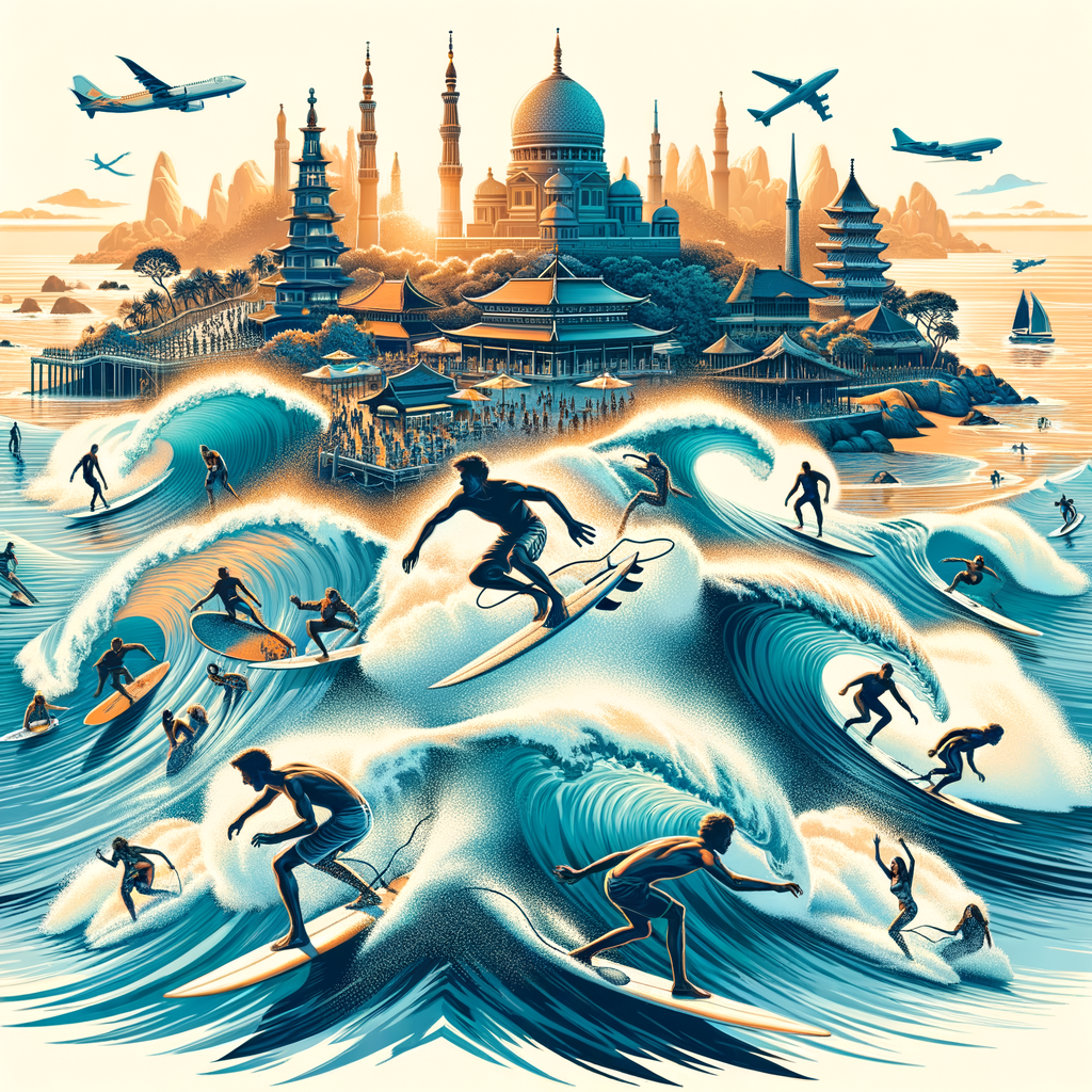 Dynamic illustration of best surfing locations in Asia and top surfing destinations in Europe, showcasing surfers on impressive waves at popular Asian and European beaches, embodying the ultimate surfing travel guide for Asia and Europe.