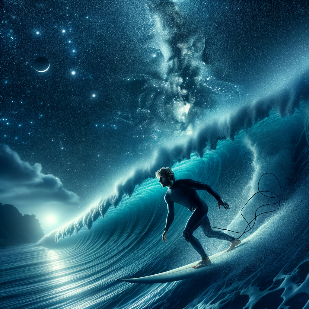 Professional surfer demonstrating thrilling night surfing experience under the stars, highlighting safety gear and tips for extreme nighttime surfing adventure.