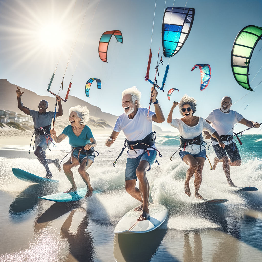 Senior citizens joyously kite surfing, embracing adventure sports in their old age, embodying an active lifestyle and proving that kite surfing is an ageless adventure activity for seniors.