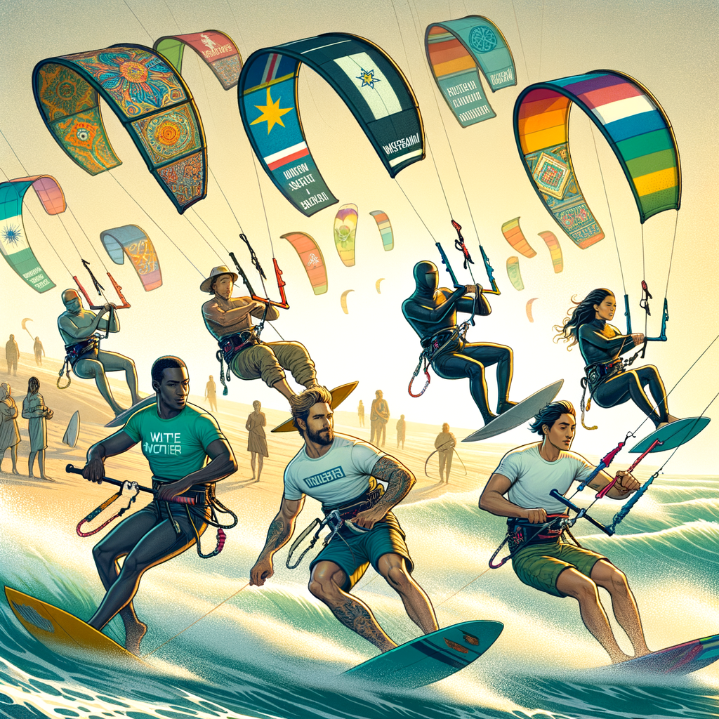 Kite surfers in action at a beach event, promoting community outreach and sports philanthropy through kite surfing charities, symbolizing the social impact and community engagement in action sports.