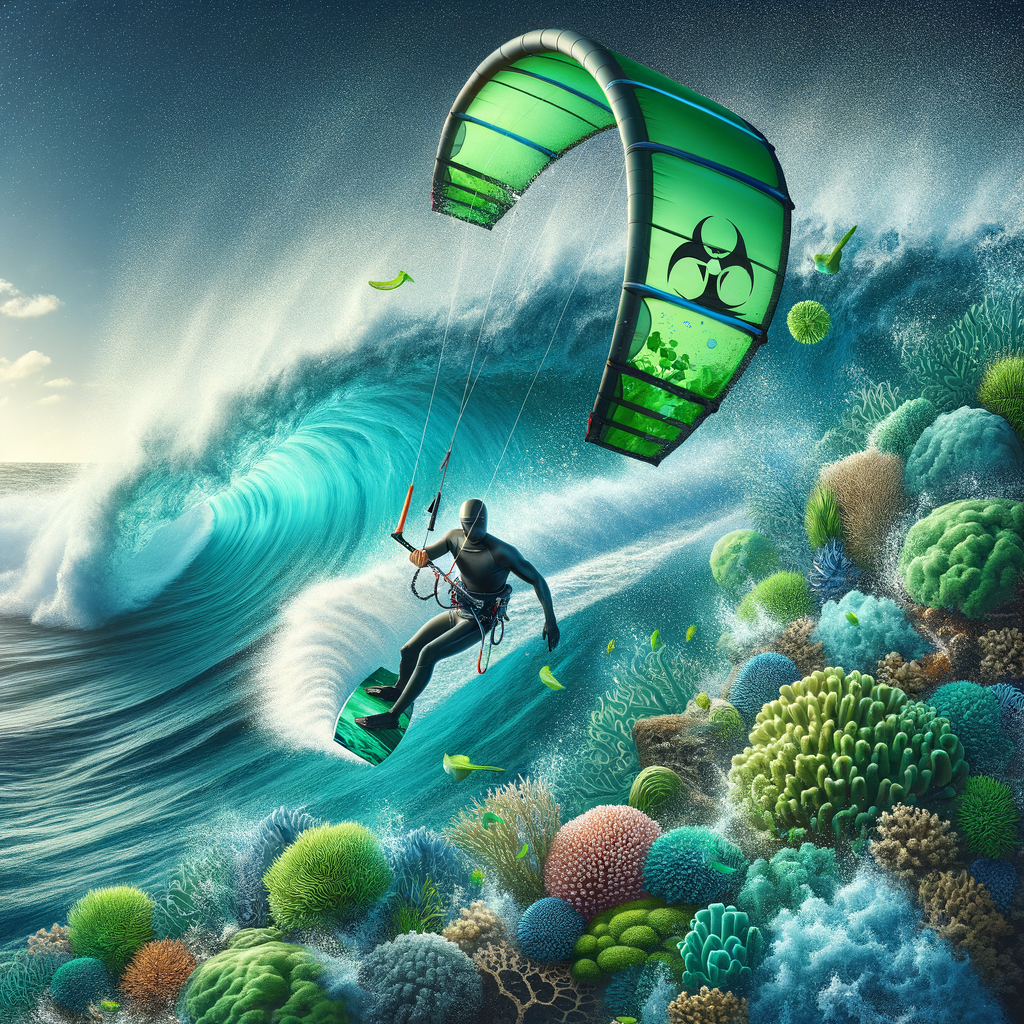 Professional kite surfer promoting environmental advocacy in sports through eco-friendly kite surfing, demonstrating the environmental benefits and positive impact of kite surfing on a thriving marine ecosystem.