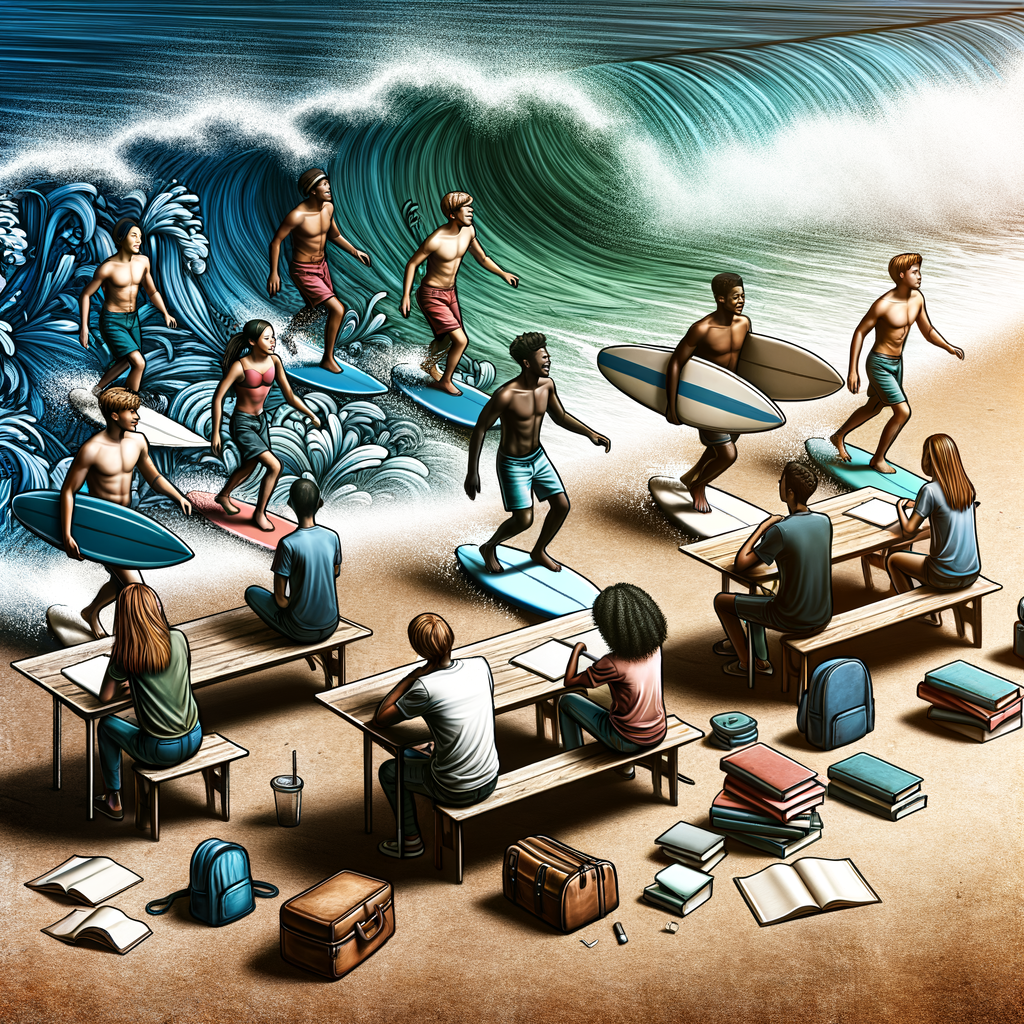 Diverse students in a surfing lesson at the beach, symbolizing outdoor education and extracurricular learning, highlighting the educational benefits of surfing and academics beyond classroom learning.