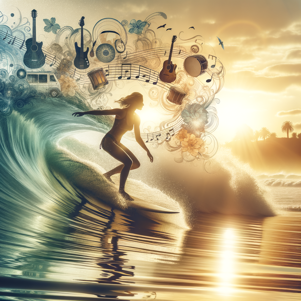Surfer riding a wave at sunset with musical notes and instruments overlay, symbolizing the harmonious connection and influence of music on surfing culture and lifestyle, perfect for a surfing soundtrack.