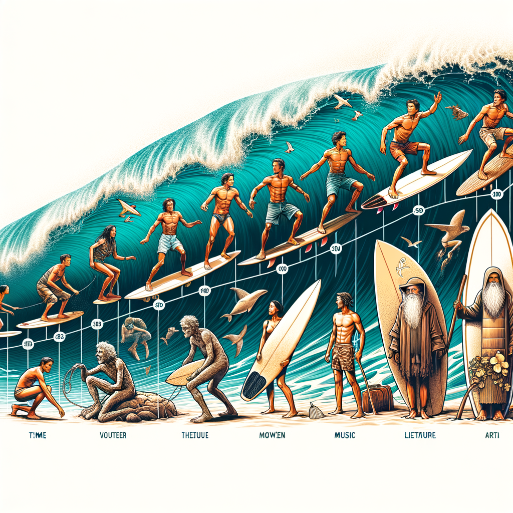 Infographic illustrating the evolution of surfing history, from ancient surfing origins to modern surfing techniques, highlighting the transformation and progression of surfboards and surf culture development.