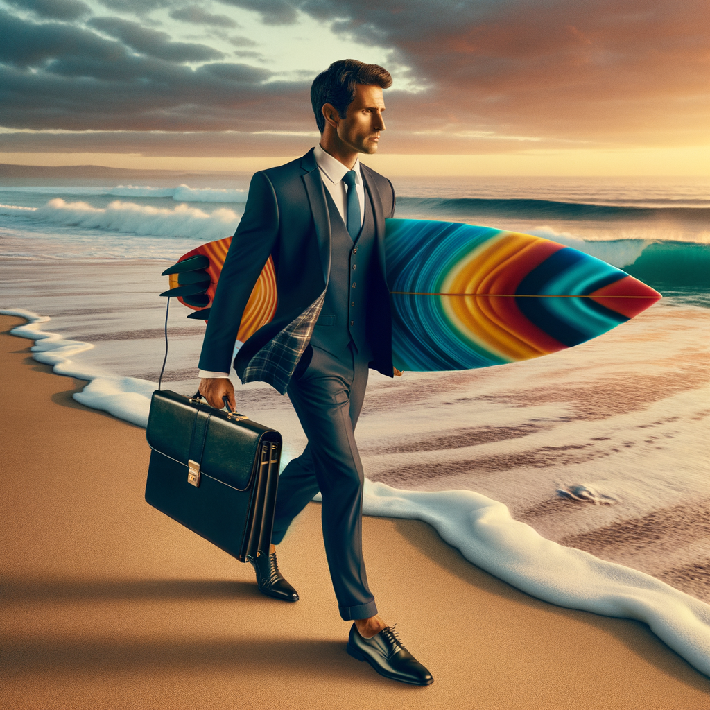 Professional in business attire balancing work-life with surfing lifestyle, holding a surfboard and briefcase on a beach, illustrating the perfect blend of work and leisure for a surfing guide article