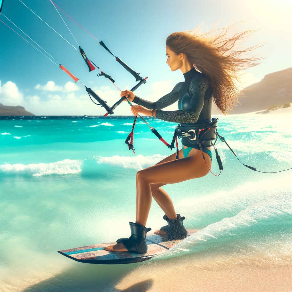 Professional kite surfer demonstrating kite surfing etiquette, behavior, rules, conduct, manners, protocol, and decorum on a sunny beach day, showcasing proper kite surfing behavior and guidelines.