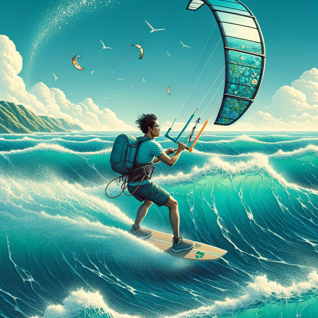 Eco-friendly kite surfer using sustainable equipment, demonstrating green kite surfing practices and reduced environmental impact over a clean, unpolluted ocean.