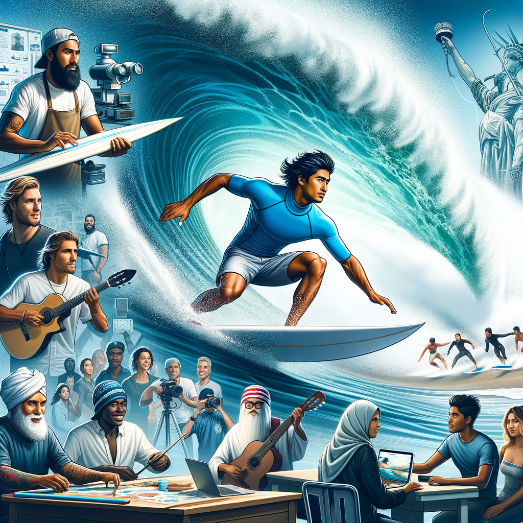 Professional surfer riding a massive wave, illustrating surfing career opportunities and the diversity in the surfing industry, turning passion for surfing into a profession.