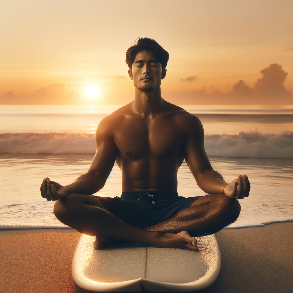Surfer practicing wellness in surfing through a meditative pose at sunrise, illustrating the holistic approach to surfing for mental health and surfing therapy.