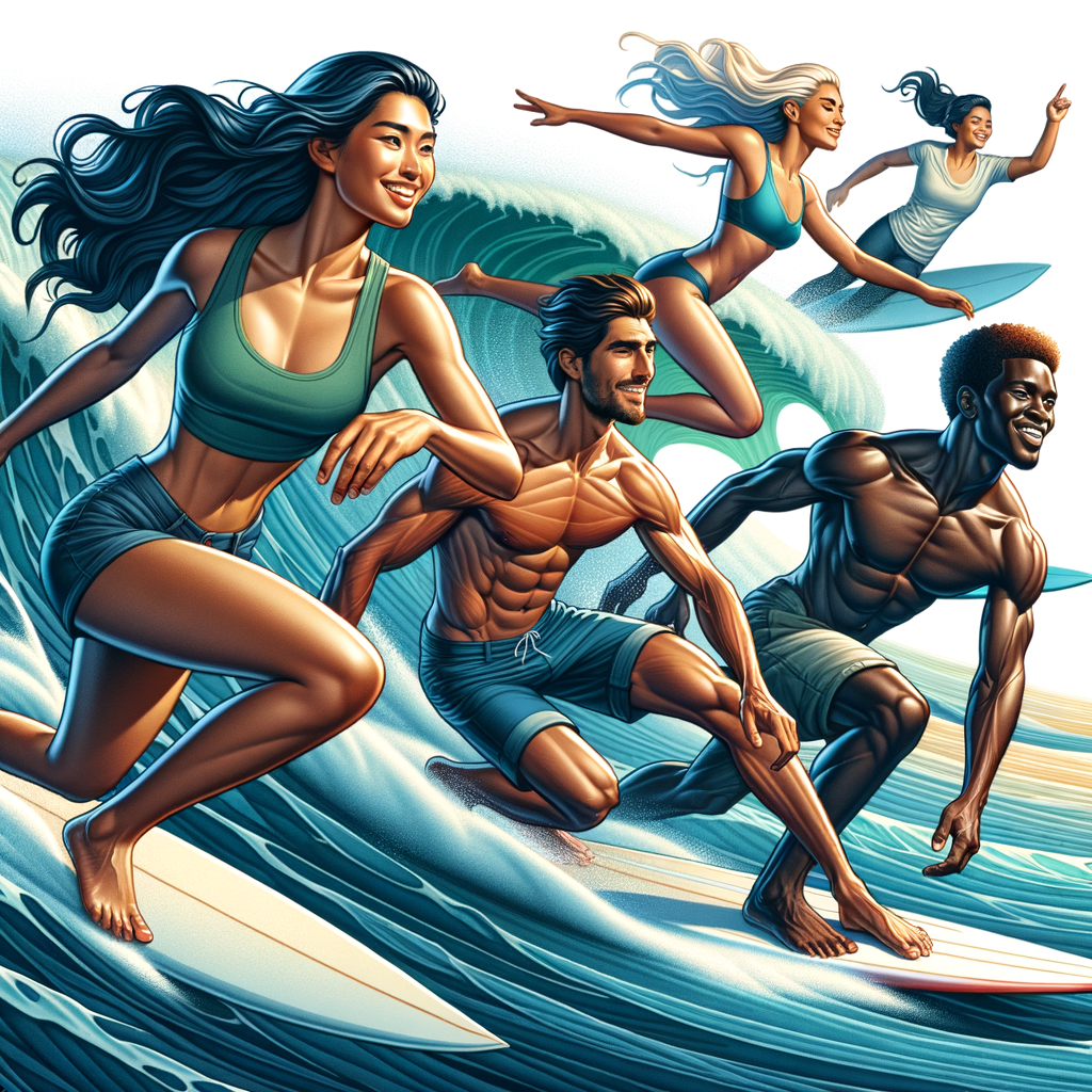 Diverse group of individuals experiencing the physical and mental health benefits of surfing, showcasing joy, concentration, and strength for overall wellness and fitness.