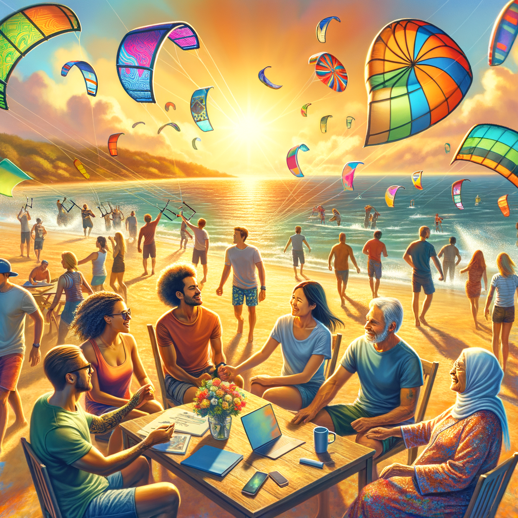 Diverse kite surfing community participating in networking, club meetings, and meetups at a sunny beach event, highlighting opportunities and community involvement in building kite surfing community.