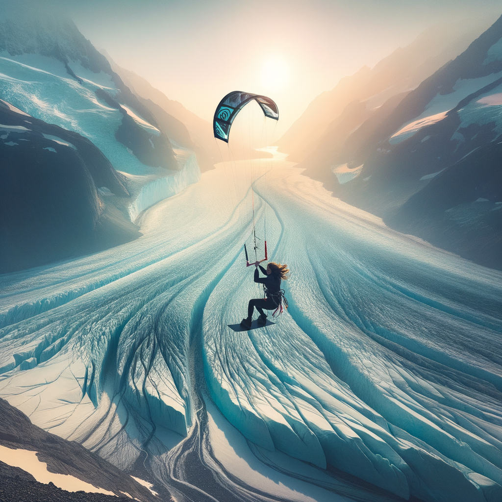 Extreme kite surfer soaring mid-jump over a vast icy glacier, showcasing the thrill of exploring unconventional and unique kite surfing locations.