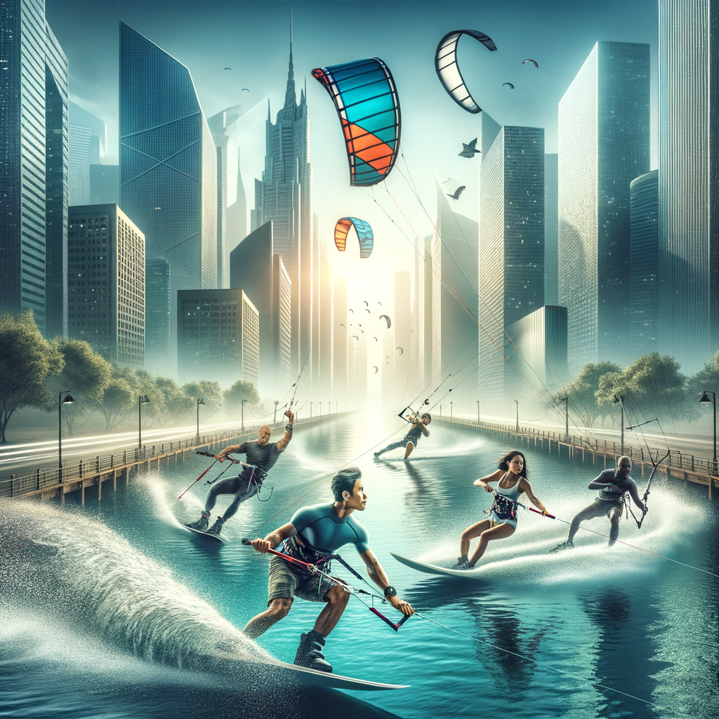 Kite surfers demonstrating the growth and popularity of urban kite surfing in city waterways, reflecting the increasing trend of metropolitan water sports.