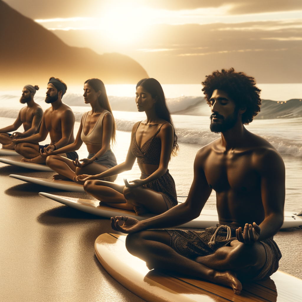 Group of individuals engaging in mindful surfing at a Zen surfing retreat, finding peace through meditation on the waves during a golden sunset.