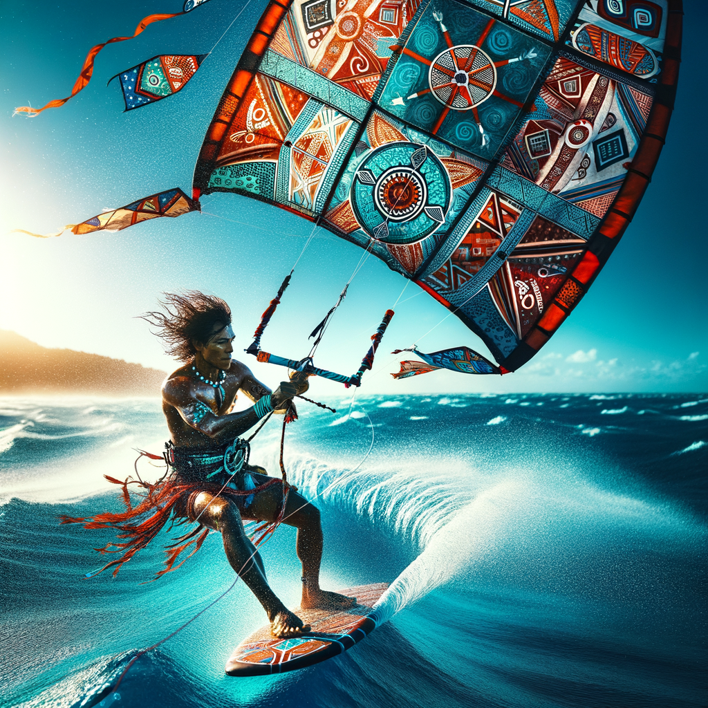 Indigenous person embodying cultural kite surfing traditions and indigenous water sports on a vibrant blue ocean, honoring indigenous traditions on the water.