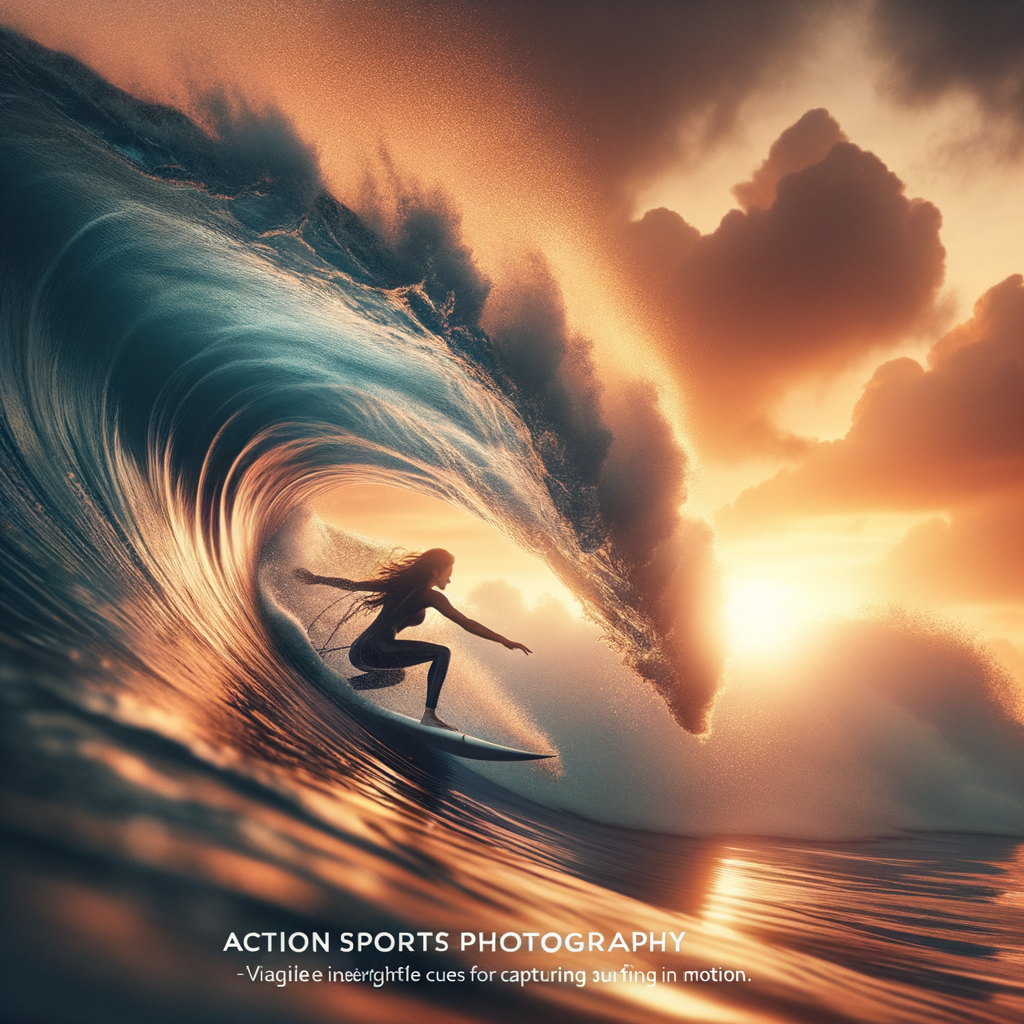 Surfer riding a perfect wave at sunset, an exemplary image of surf photography, showcasing surfing photography tips and the art of capturing waves, ocean photography, and action sports photography.