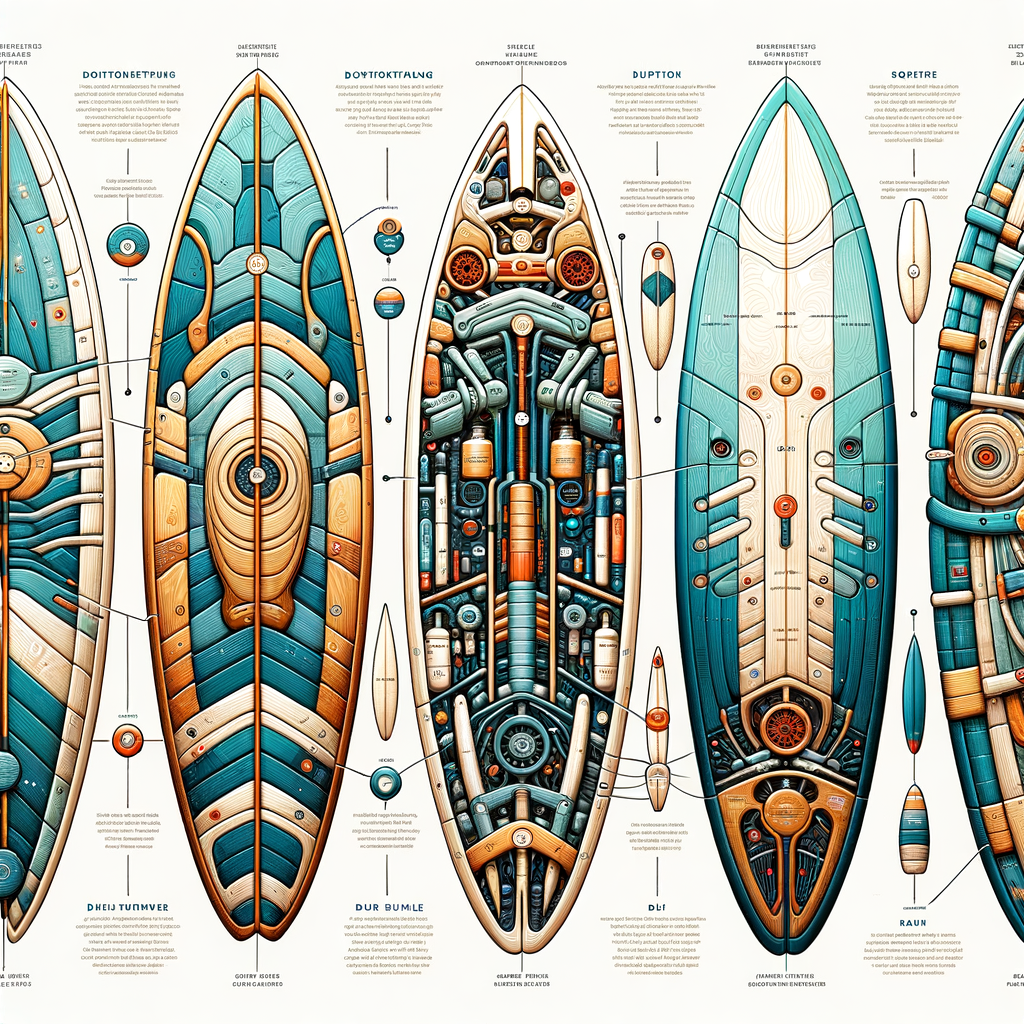 Infographic showcasing surfboard design and function, highlighting the anatomy of a surfboard, various surfboard shapes and sizes, types of surfboards, surfboard construction materials, and unique surfboard design features contributing to understanding surfboard anatomy and performance.