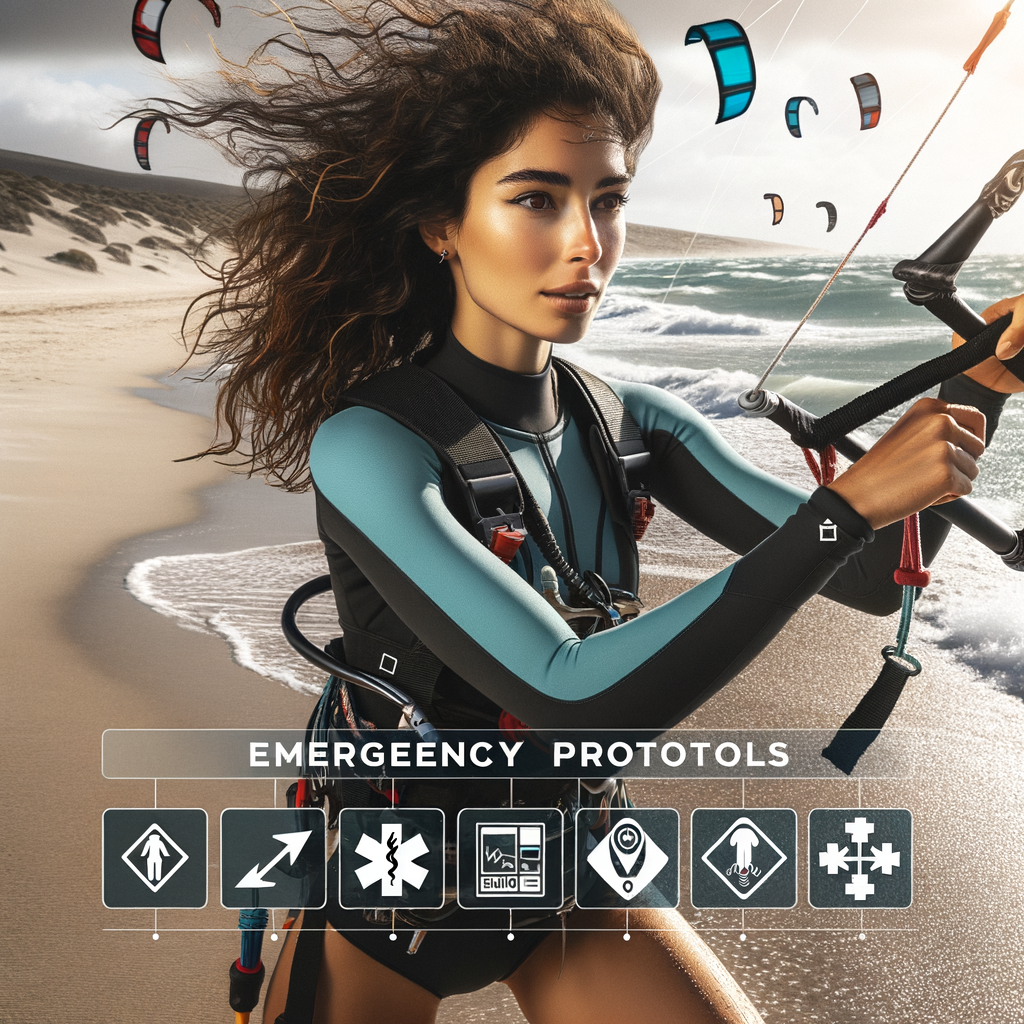 Professional kite surfer demonstrating kite surfing safety measures and emergency procedures on a windy beach, highlighting the importance of emergency preparedness, safety protocols, and proper response in kite surfing situations.