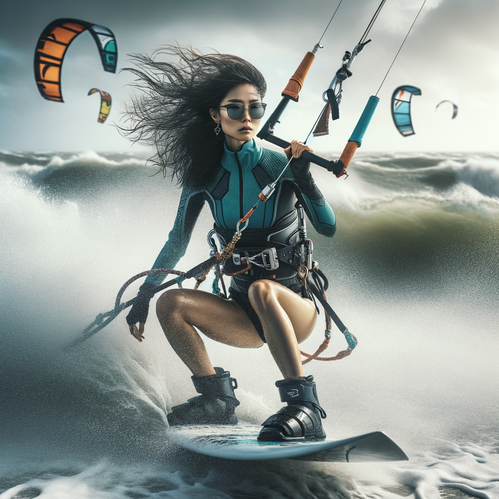 Professional kite surfer demonstrating safety measures and precautions for kite surfing in extreme conditions, highlighting the importance of safety equipment and risk management.
