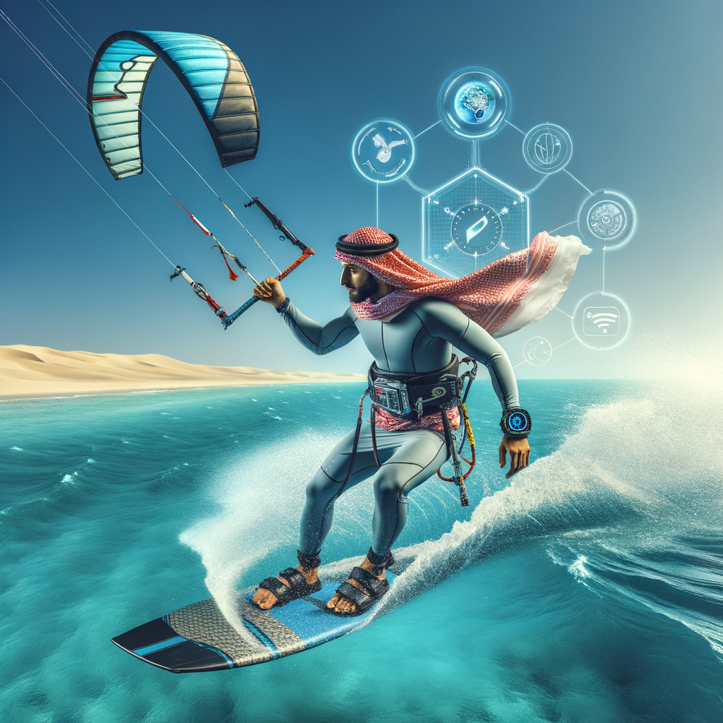 Kite surfer using advanced kite surfing technology, including GPS watches and wind sensors, on a vibrant blue sea, illustrating the enhancement of the kite surfing experience through tech innovations.