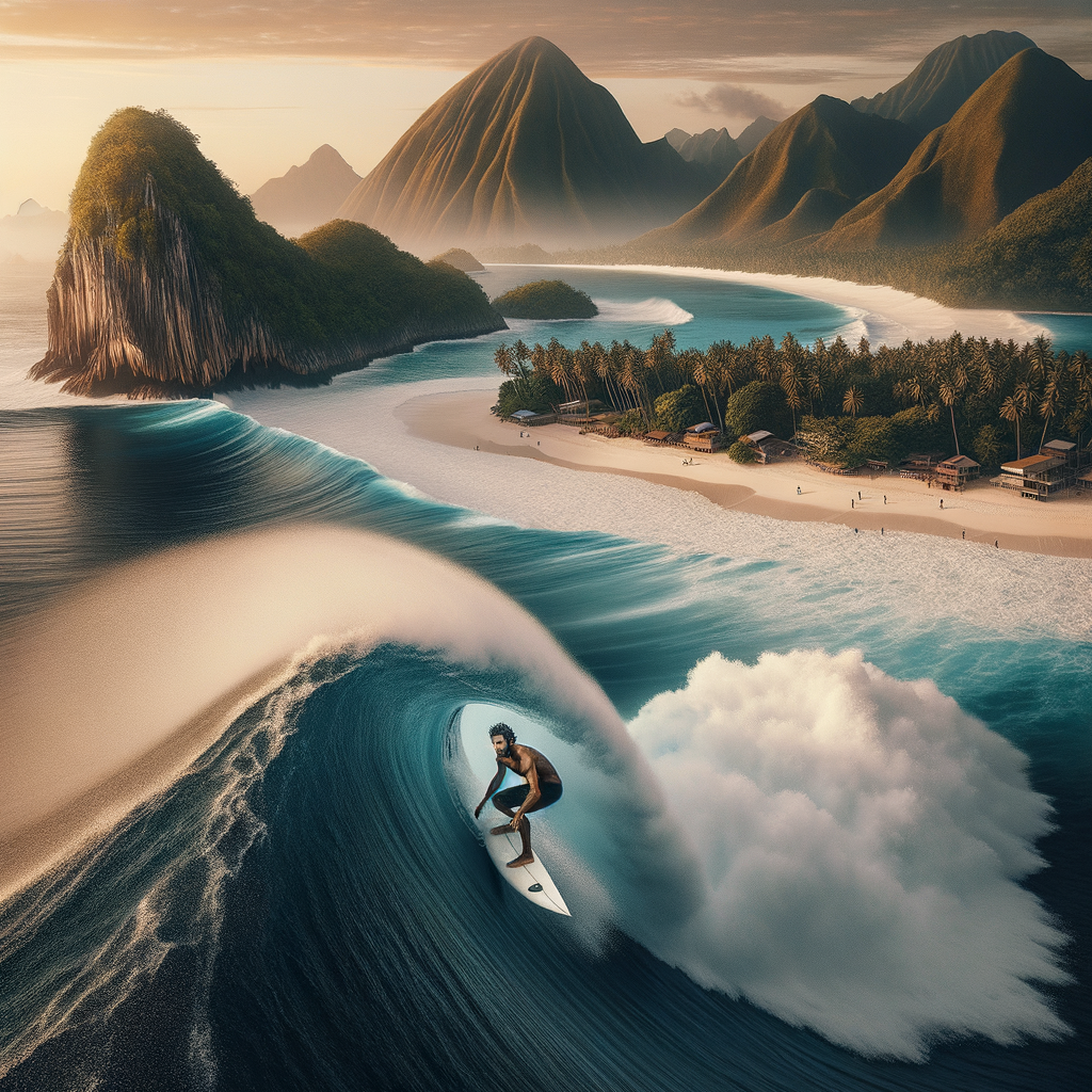 Surfer catching a massive wave at one of the best surfing spots in a secluded, unexplored location, showcasing the thrill of surfing adventures in remote areas off the beaten path.