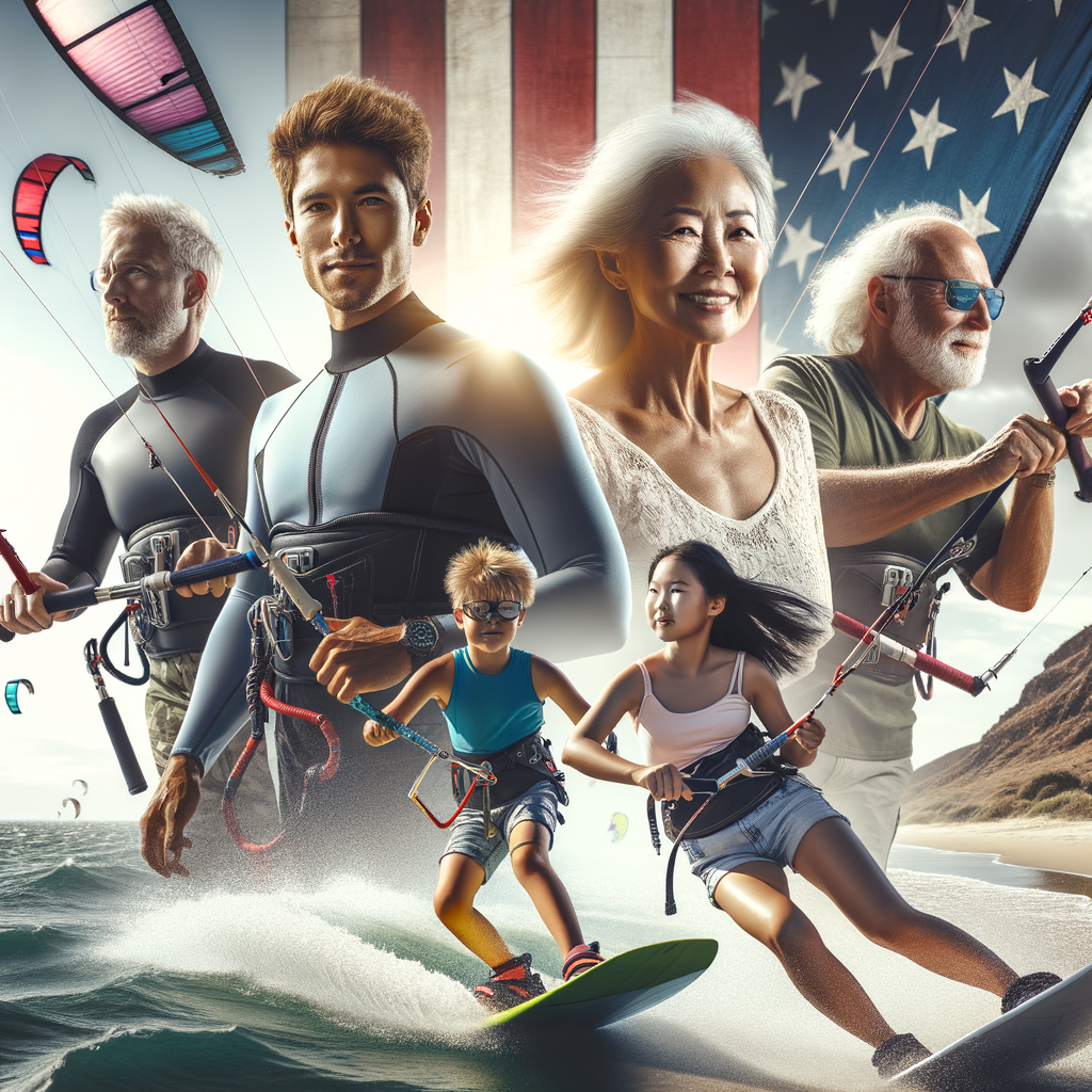 Diverse group of individuals from all age groups enjoying a sunny day of kite surfing adventure, showcasing the unity of the kite surfing community and the joy of intergenerational activities and family kite surfing.