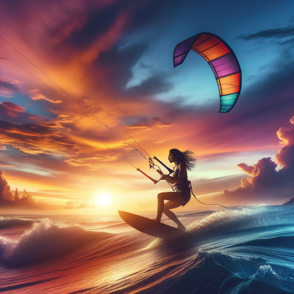 Kite surfer embodying personal identity and freedom through sport, showcasing kite surfing lifestyle and personal growth against a vibrant sunset backdrop.